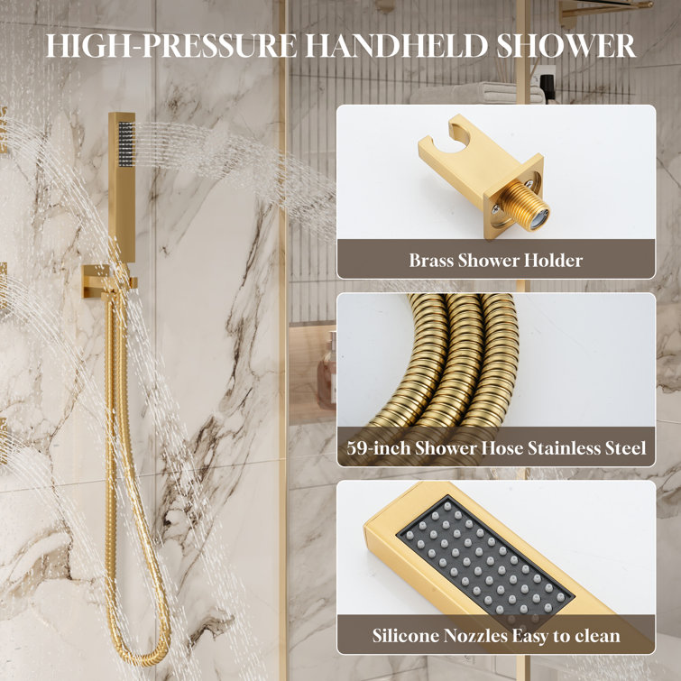 Brushed Gold Dual Rectangle Ceiling Mount Shower System with Body Jets
