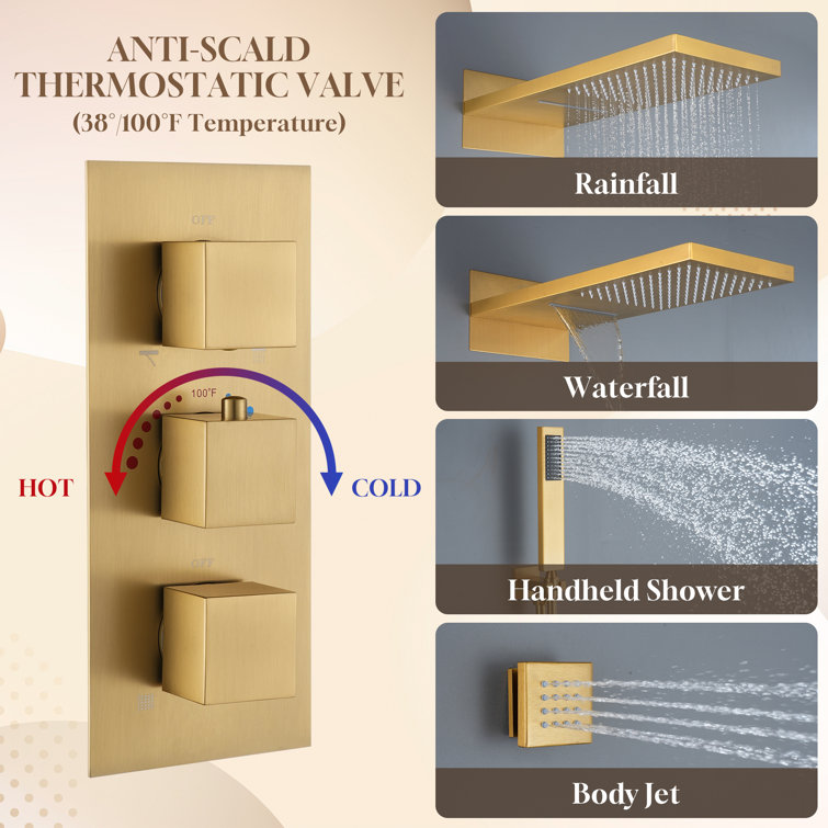 Brushed Gold Dual Rectangle Ceiling Mount Shower System with Body Jets