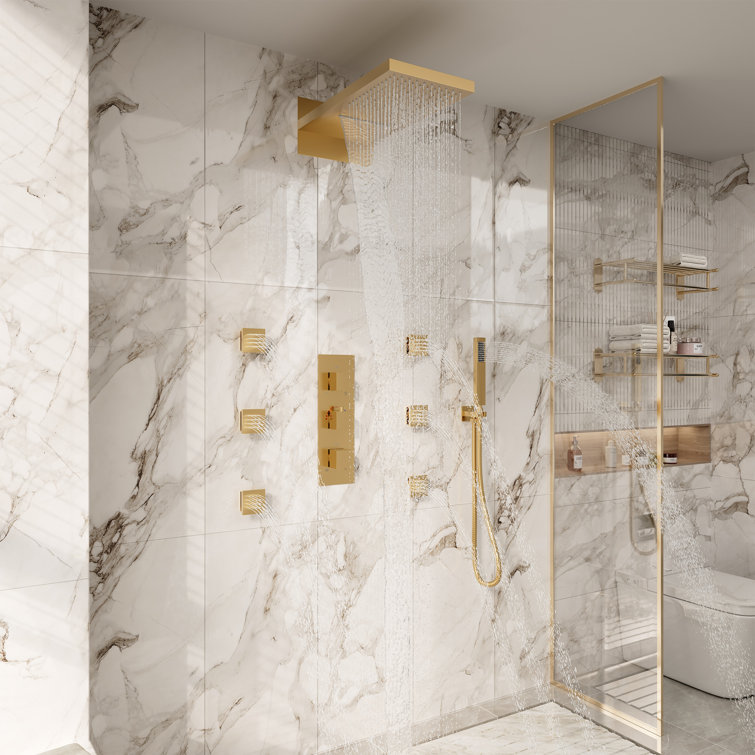 Brushed Gold Dual Rectangle Ceiling Mount Shower System with Body Jets
