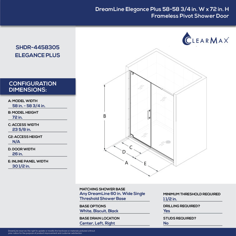 Elegance Plus 58" Frameless Clear Glass Pivot Shower Door