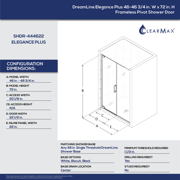 Elegance Plus 46" W x 72" H Frameless Pivot Shower Door in Black