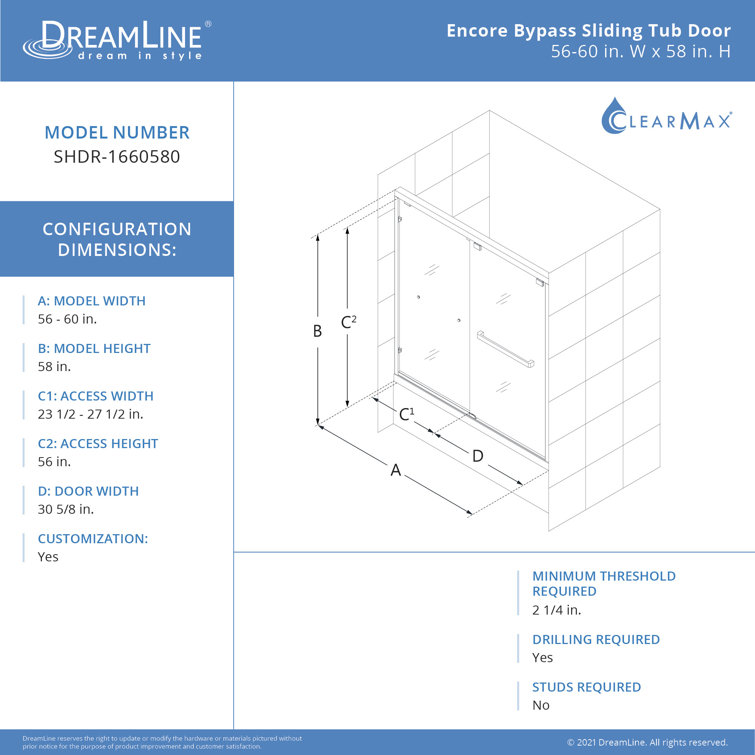 Encore 60'' Clear Tempered Glass Frameless Sliding Tub Door