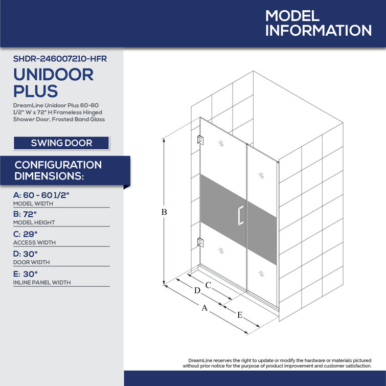 Unidoor Plus 60" Frameless Clear Glass Hinged Shower Door