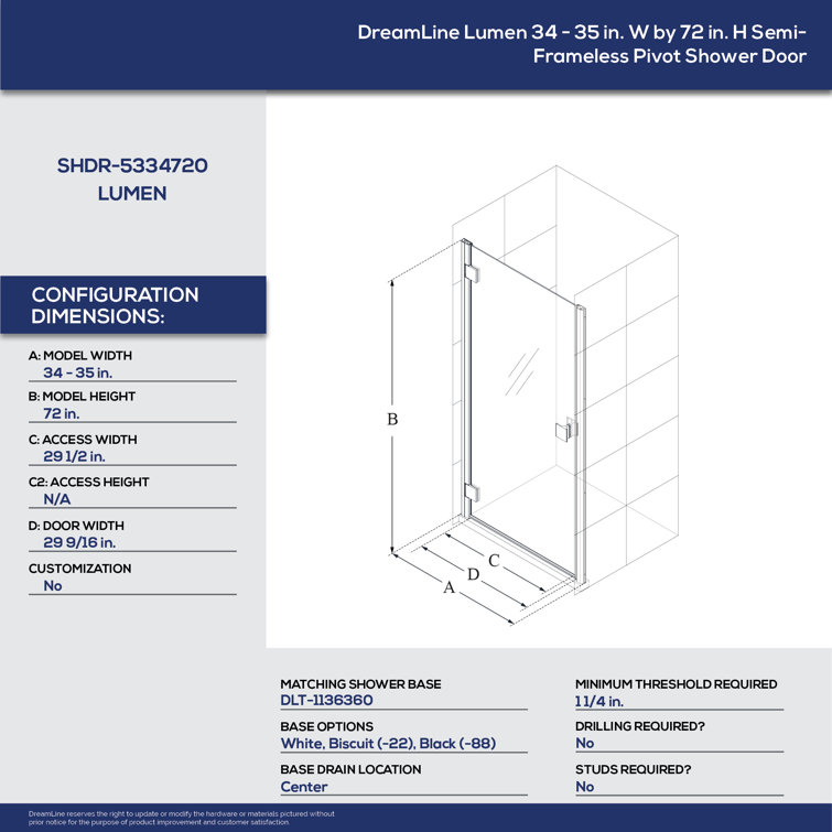 Lumen 34-41" W x 72" H Frameless Clear Glass Shower Door in Brushed Nickel