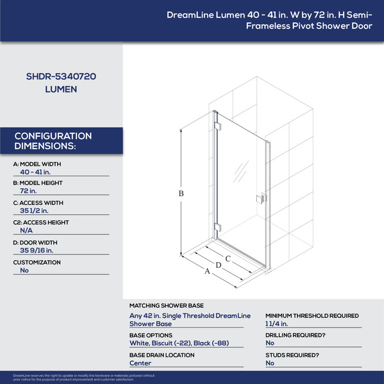 Lumen 40-41" Black Frameless Pivot Shower Door with Clear Glass