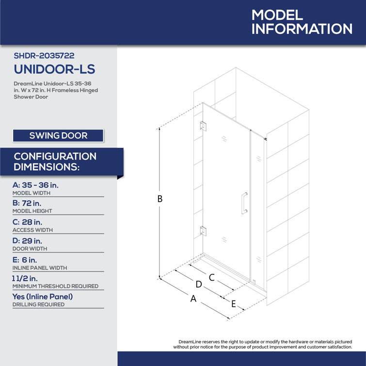 Unidoor-LS 37" Frameless Hinged Shower Door with ClearMax Technology