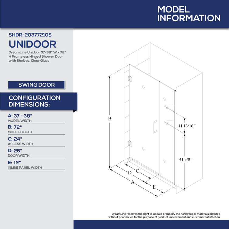 Unidoor 42" Black Frameless Hinged Shower Door with Clear Glass