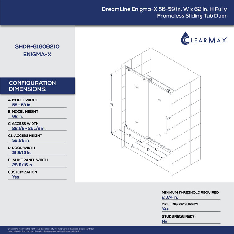 Enigma-X 59" Polished Stainless Steel Frameless Sliding Tub Door