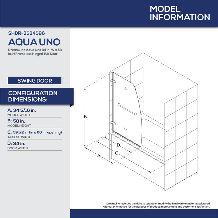 DreamLine 34'' x 58'' Frameless Chrome Hinged Tub Door
