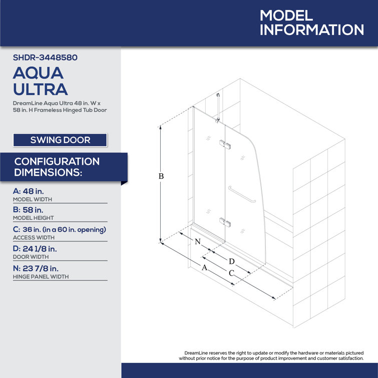 Aqua Ultra 48" Frameless Hinged Tub Door with Clear Glass