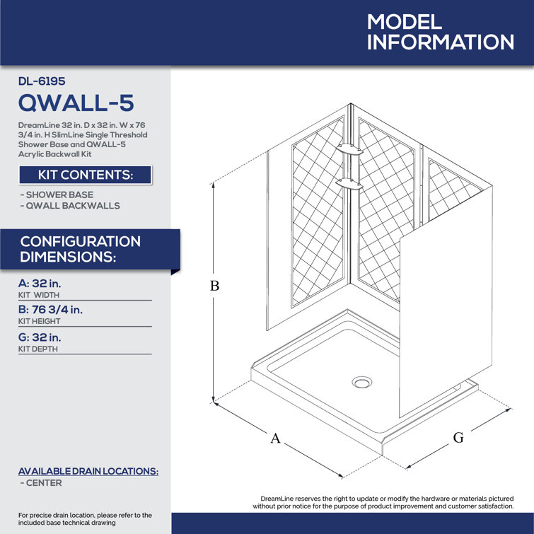 White Acrylic Square Alcove Shower Kit with Tile Pattern