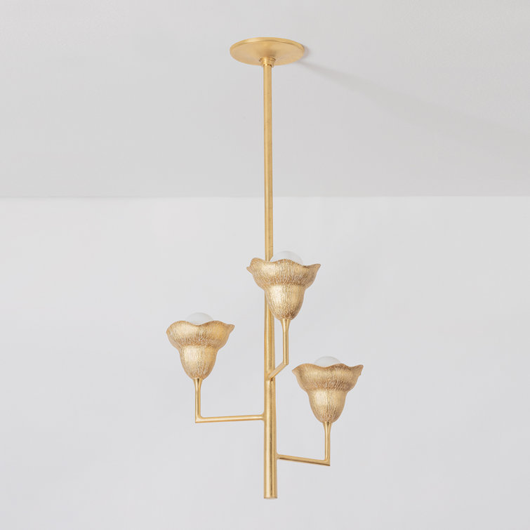 Vintage Gold Leaf Gilded Ivory 3-Light Floral Chandelier