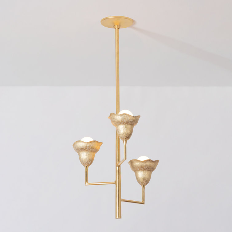 Vintage Gold Leaf Gilded Ivory 3-Light Floral Chandelier