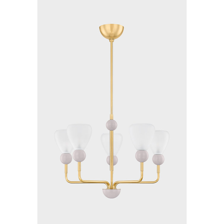 Aged Brass and Soft Peignoir 5-Light Chandelier with Etched Matte Glass