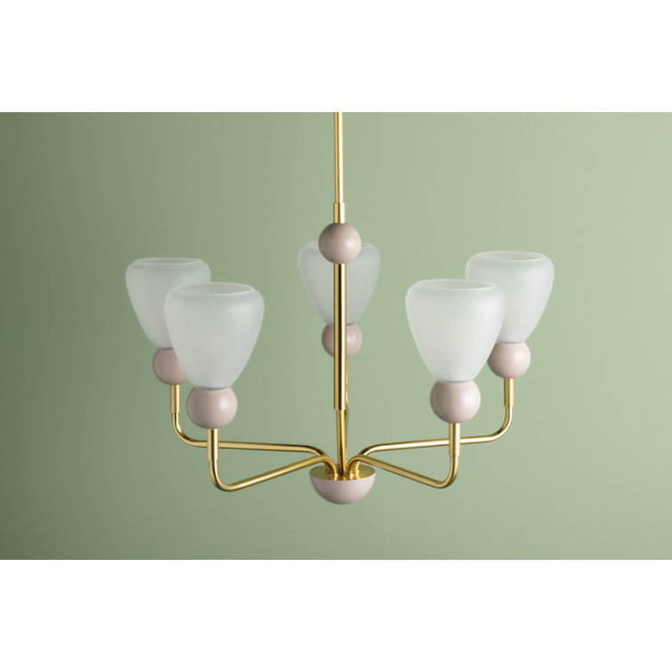 Aged Brass and Soft Peignoir 5-Light Chandelier with Etched Matte Glass