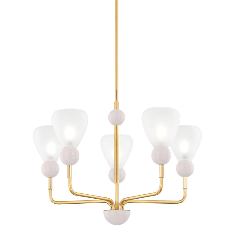 Aged Brass and Soft Peignoir 5-Light Chandelier with Etched Matte Glass