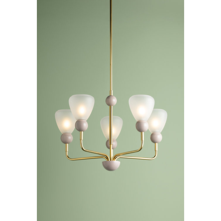 Aged Brass and Soft Peignoir 5-Light Chandelier with Etched Matte Glass