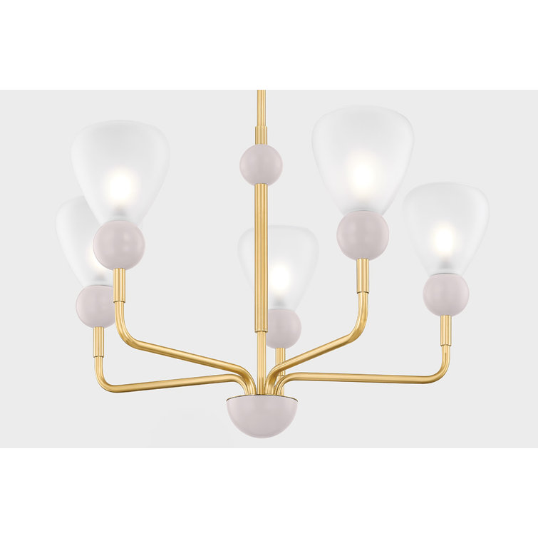 Aged Brass and Soft Peignoir 5-Light Chandelier with Etched Matte Glass