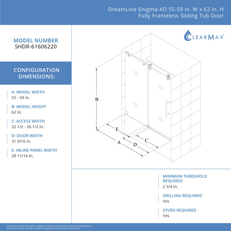 Enigma-XO 55-59" Frameless Sliding Shower Door with Polished Stainless Steel Hardware