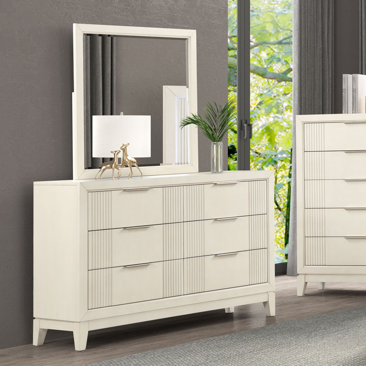 Antique White Wood 6-Drawer Dresser with Mirror