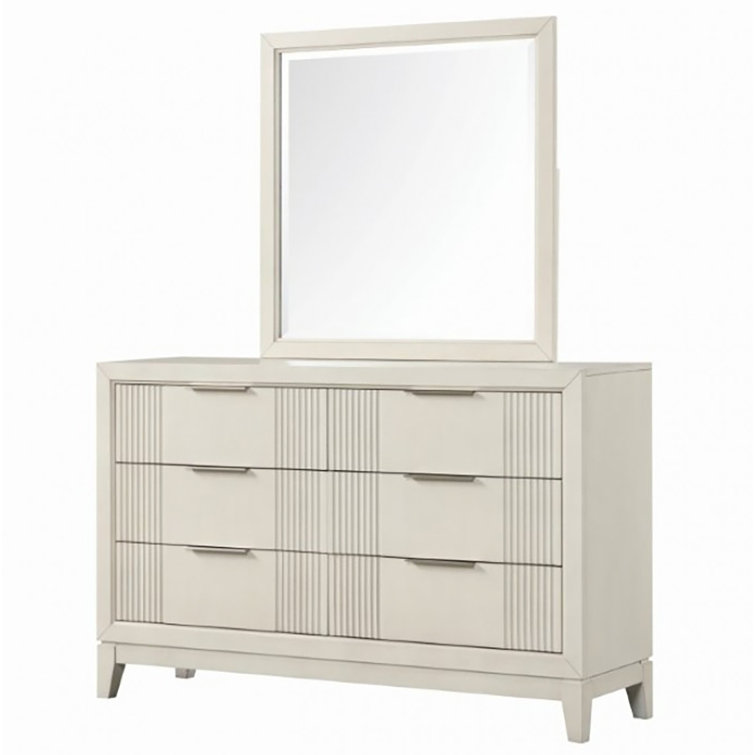 Antique White Wood 6-Drawer Dresser with Mirror