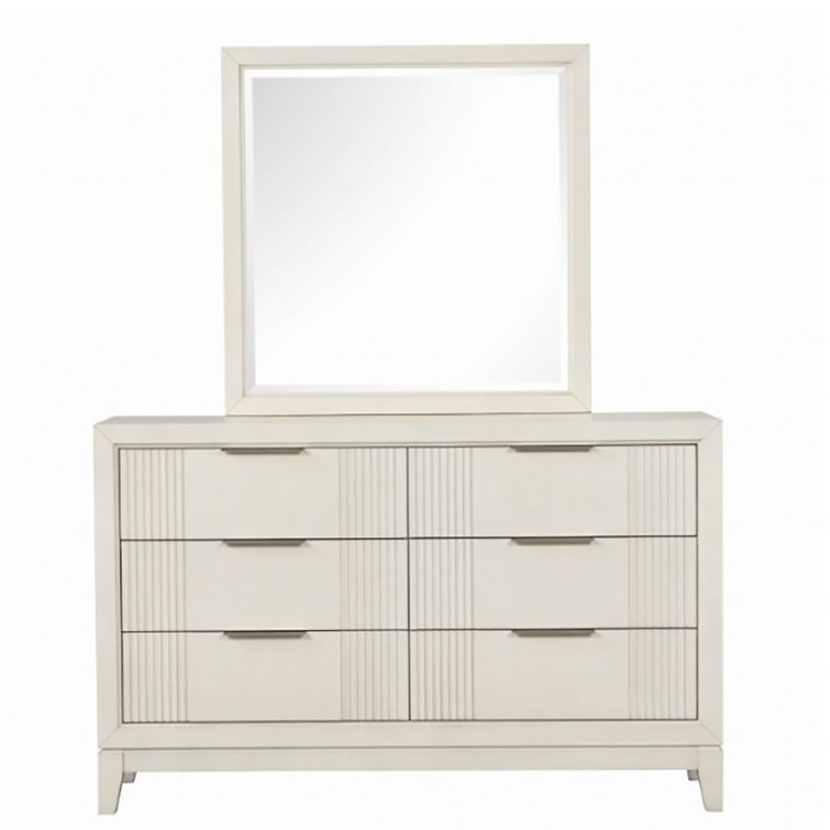 Antique White Wood 6-Drawer Dresser with Mirror