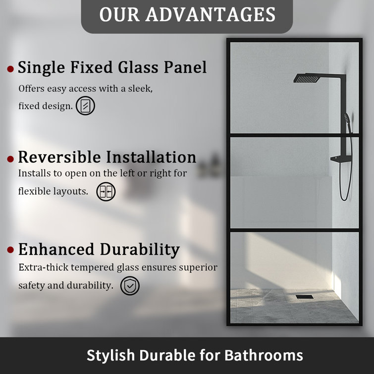 34-Inch Matte Black Framed Shower Door with Patterned Glass