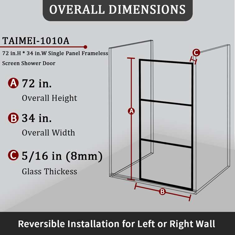 34-Inch Matte Black Framed Shower Door with Patterned Glass