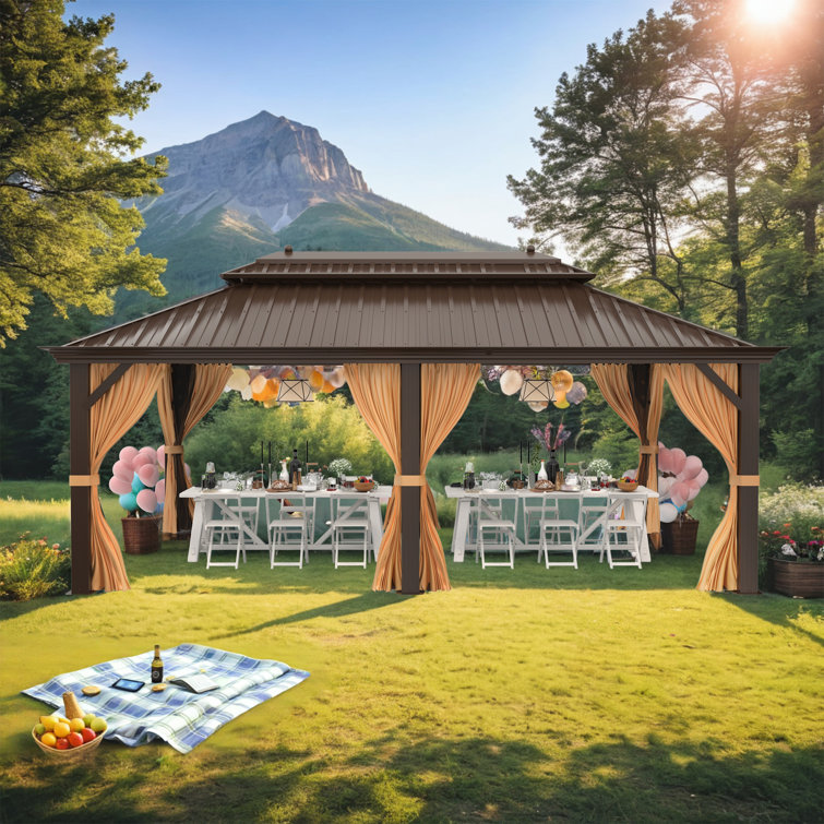Erommy 12' x 20' Double Roof Steel Hardtop Gazebo with Curtains