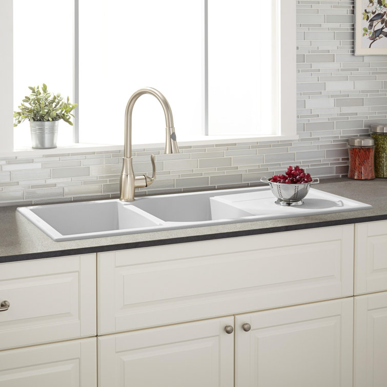 Cloud White Double Basin Stone Kitchen Sink with Drainboard