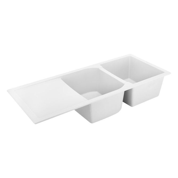 Cloud White Double Basin Stone Kitchen Sink with Drainboard