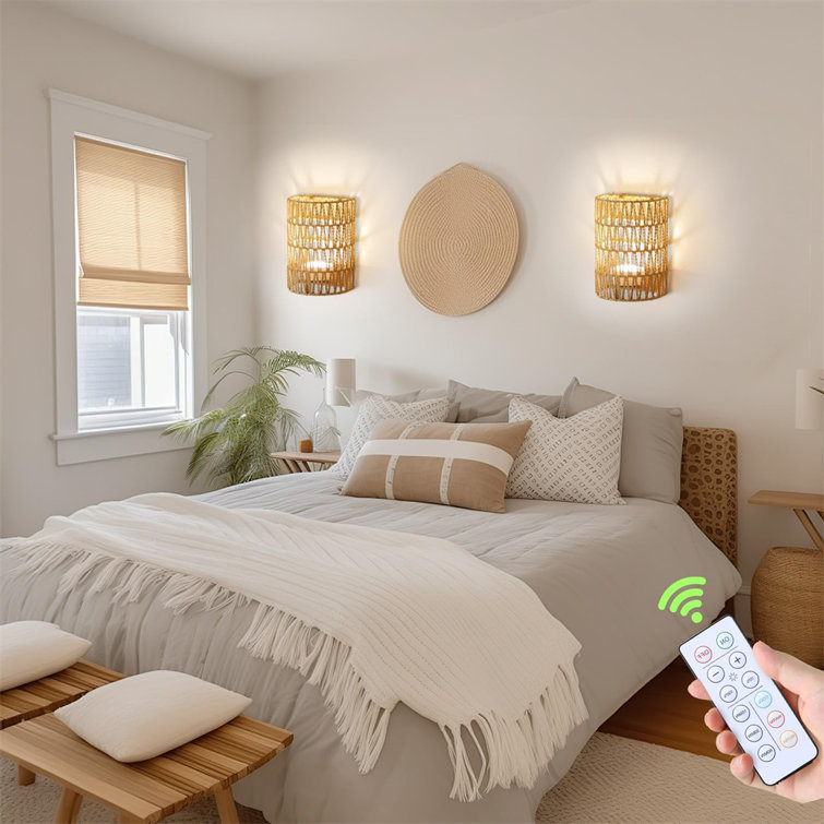 Natural Rattan Battery Operated Wall Sconce Set with Remote