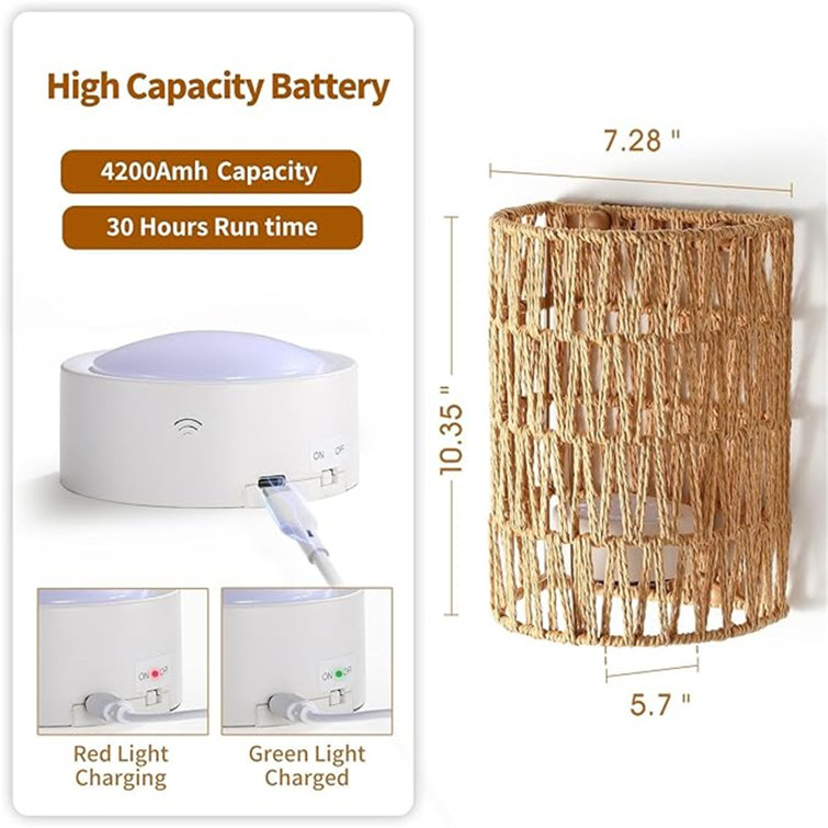 Natural Rattan Battery Operated Wall Sconce Set with Remote