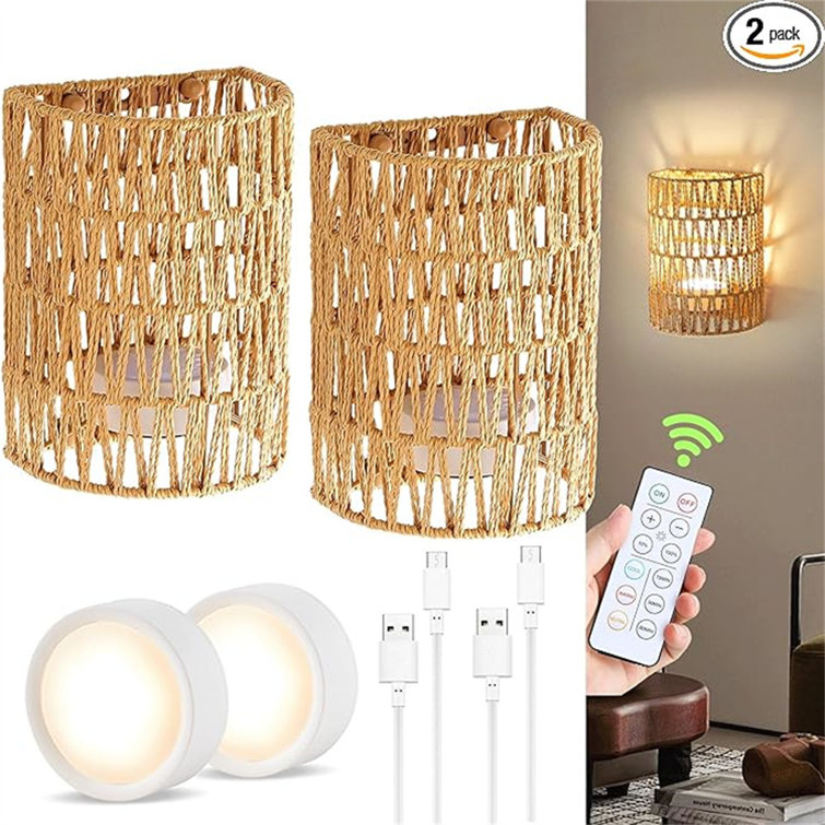 Natural Rattan Battery Operated Wall Sconce Set with Remote