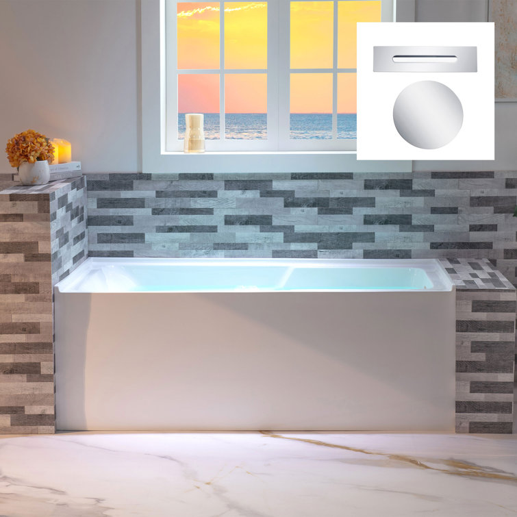 54'' White Acrylic Alcove Soaking Bathtub with Chrome Drain