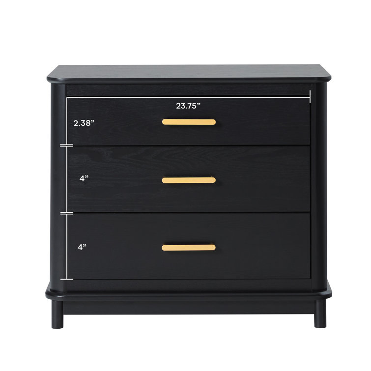 Black Solid Wood 3-Drawer Nightstand with Gold Handles