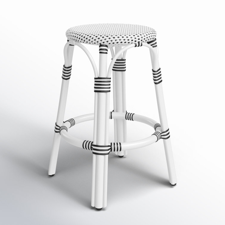 Coastal Boho Chic White & Black Dot Rattan Counter Stool