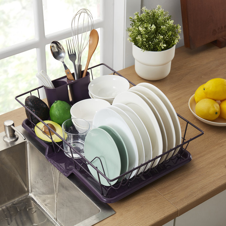 Eggplant Metal Foldable Dish Rack with Utensil Cup