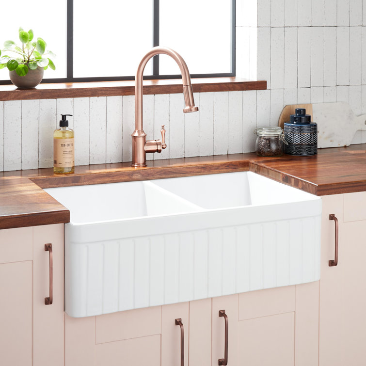 Curington 33" White Fireclay Double Basin Farmhouse Sink