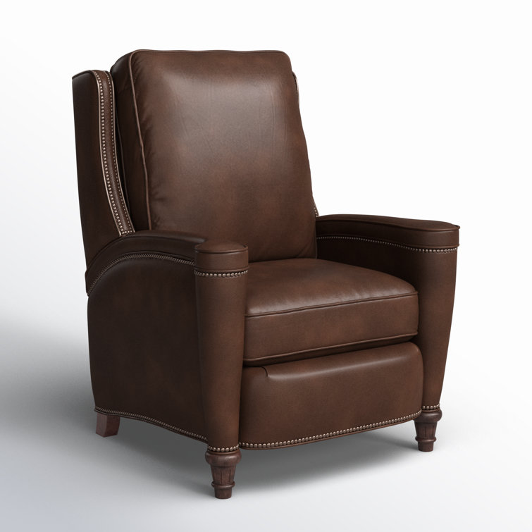 Handcrafted Beige Leather and Wood Traditional Recliner