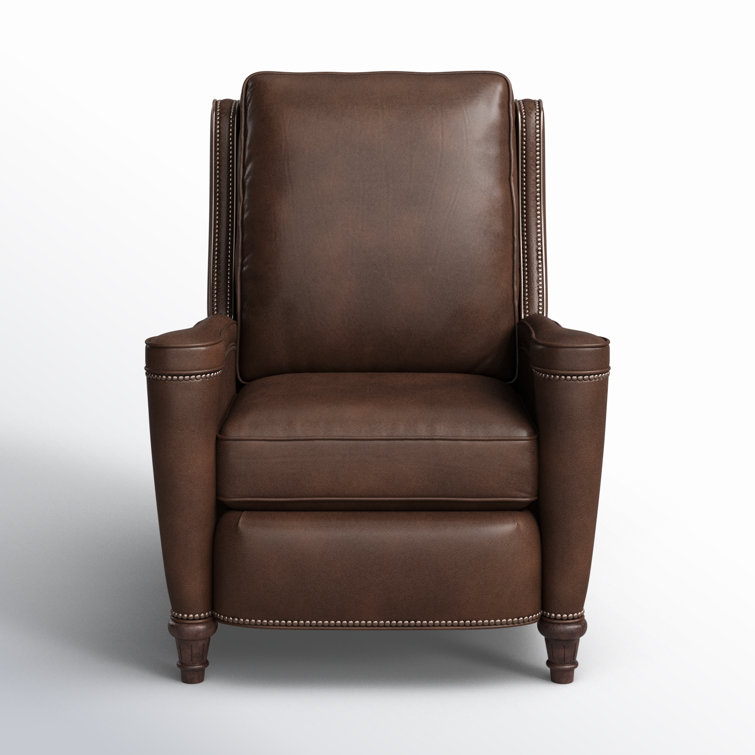 Handcrafted Beige Leather and Wood Traditional Recliner