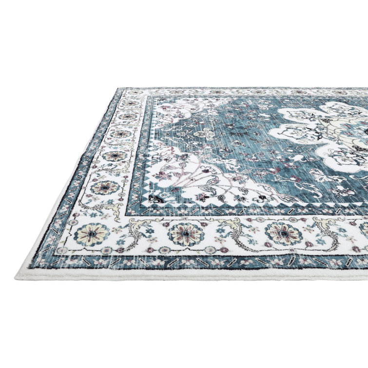 Blue and White Washable Oriental Tufted Area Rug 3' x 5'
