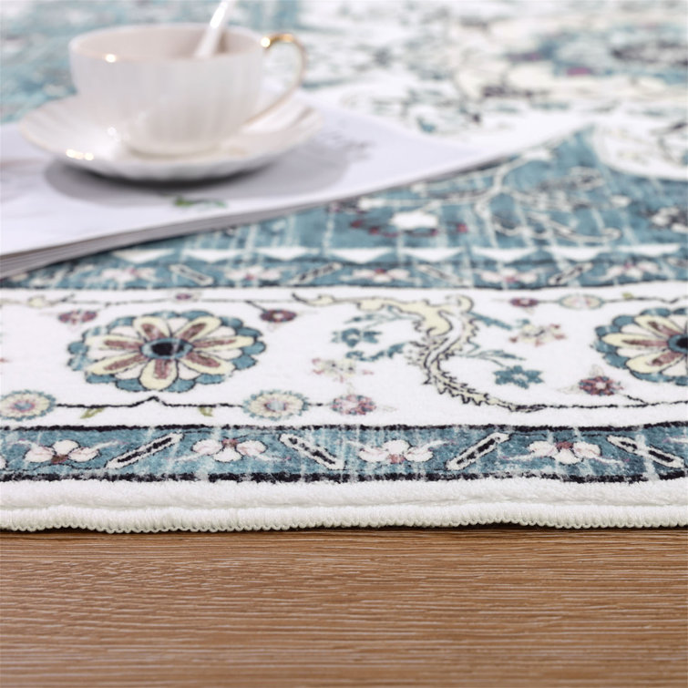 Blue and White Washable Oriental Tufted Area Rug 3' x 5'