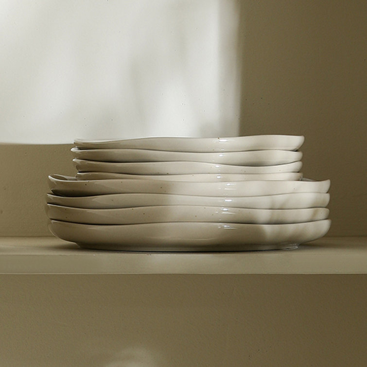 Beige Ceramic Embossed Dinner Plates Set for Four