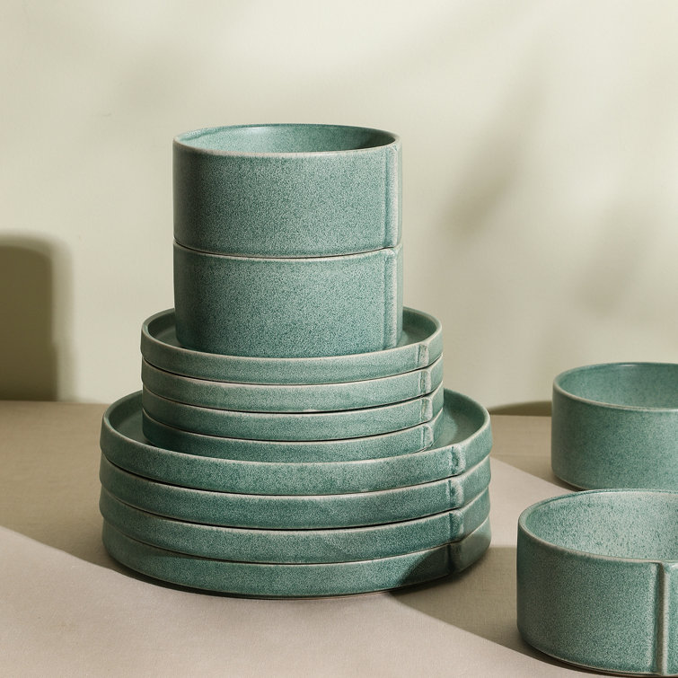 Green and White Ceramic 24-Piece Dinnerware Set for 8