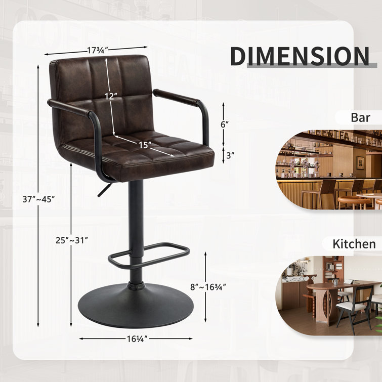 Adjustable Black Brown Faux Leather Swivel Bar Stools with Pedestal Base
