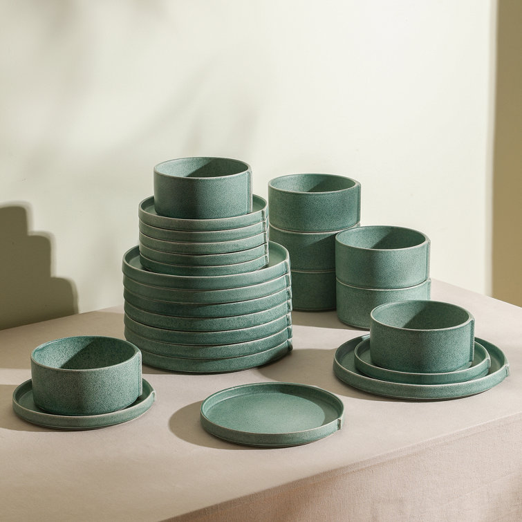 Green and White Ceramic 24-Piece Dinnerware Set for 8