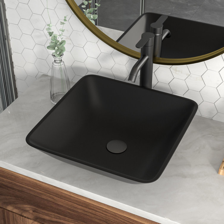 16" Square Matte Black Tempered Glass Vessel Sink