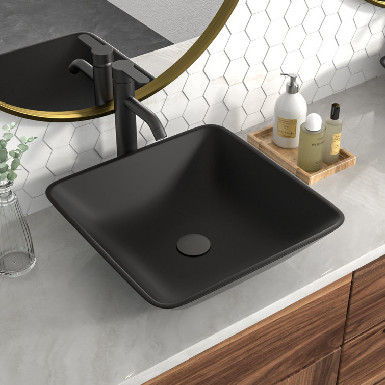 16" Square Matte Black Tempered Glass Vessel Sink