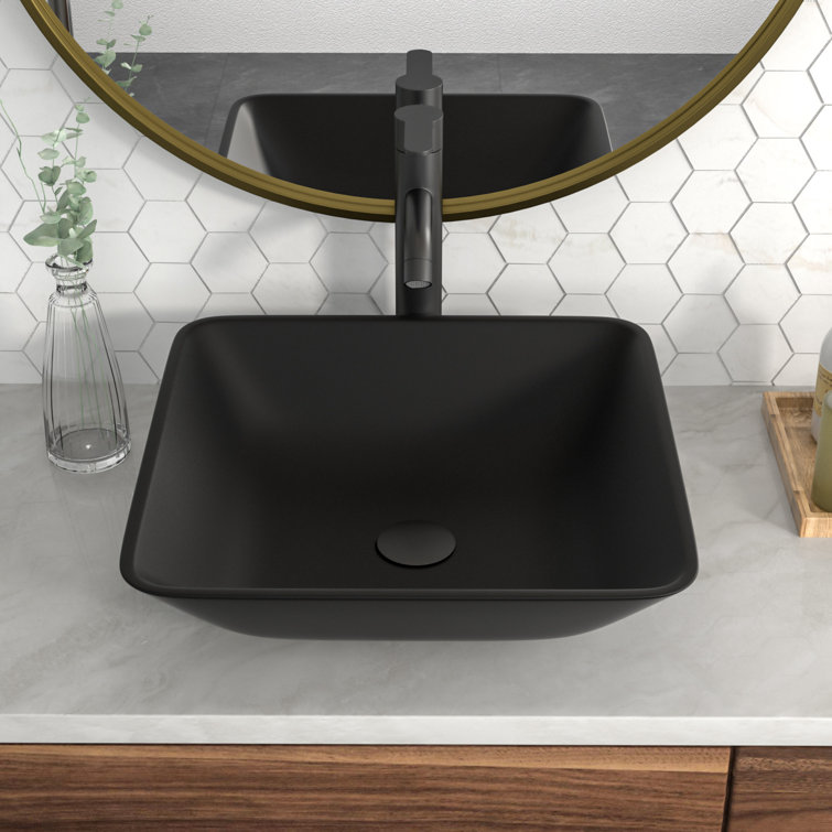16" Square Matte Black Tempered Glass Vessel Sink